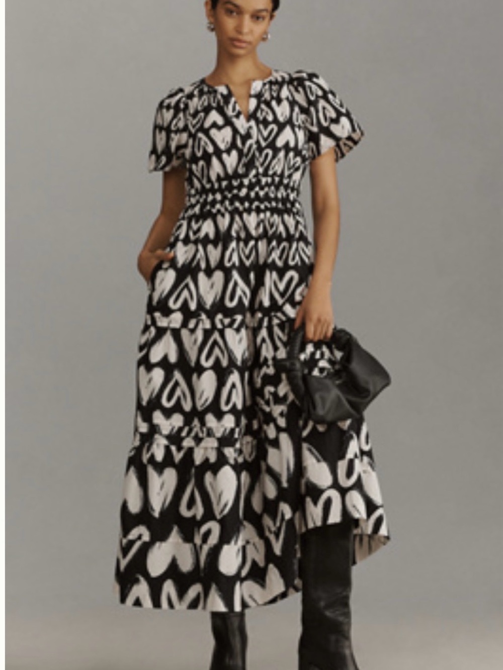 Sommerset Anthropologie black & White Heart-Print Tiered Maxi Dress